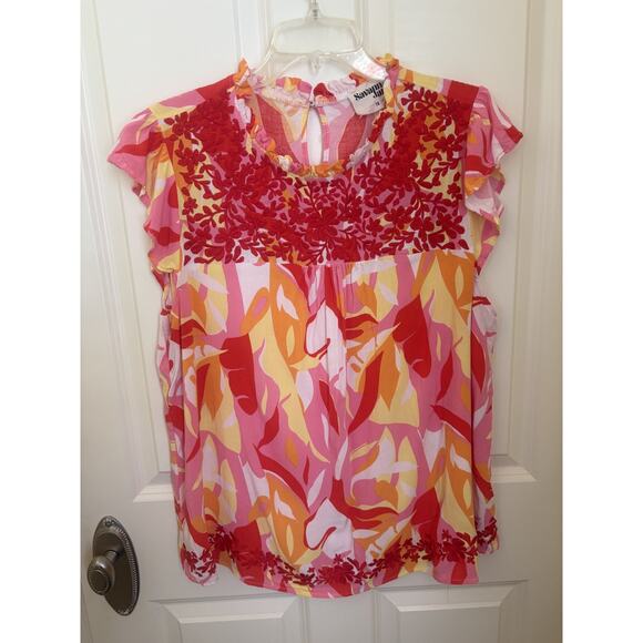 Savanna Jane Top Plus Size 1X Yellow Pink Red Floral Embroidered Bloomcore - Picture 1 of 5